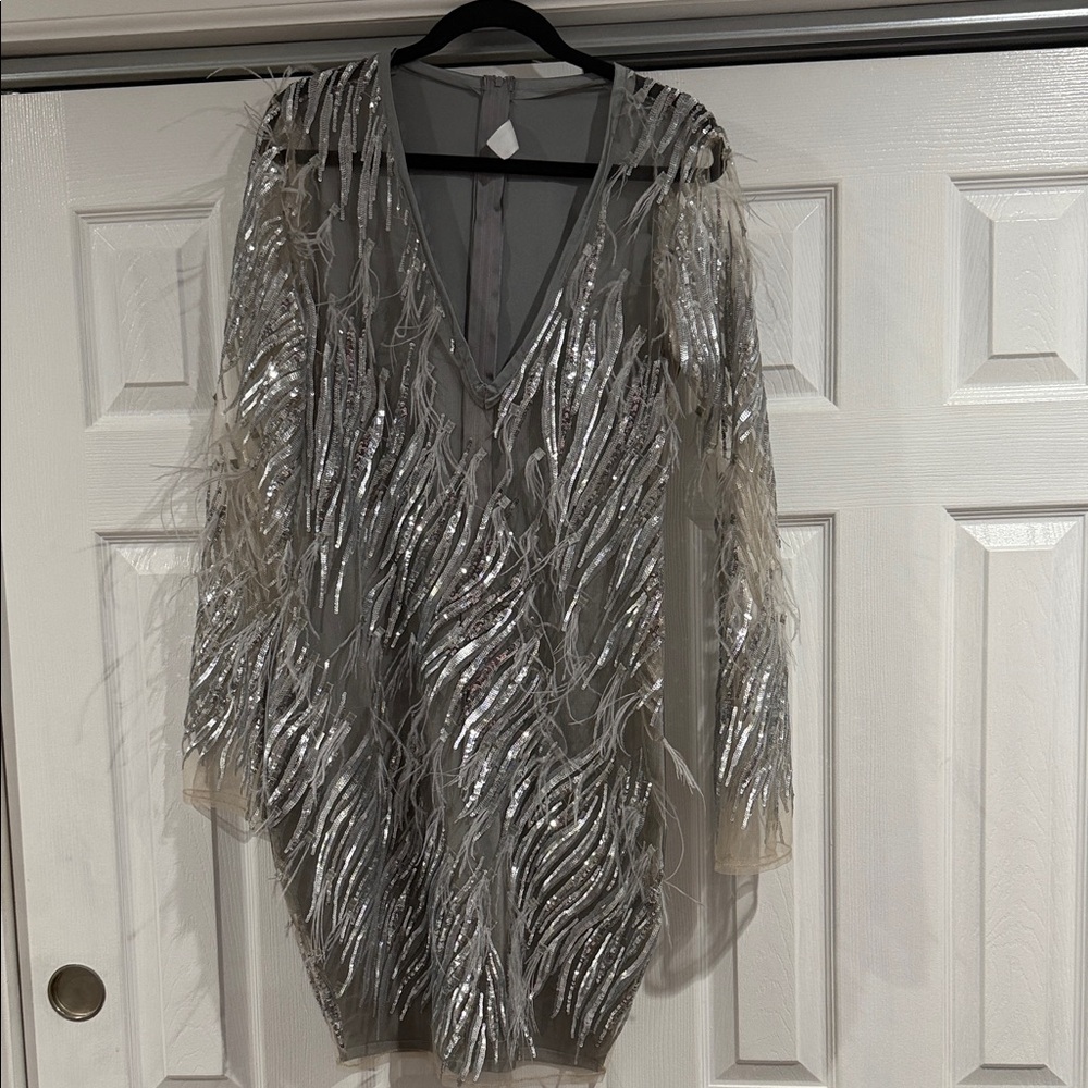 Glamorous Silver Sequin Feather Midi Dress